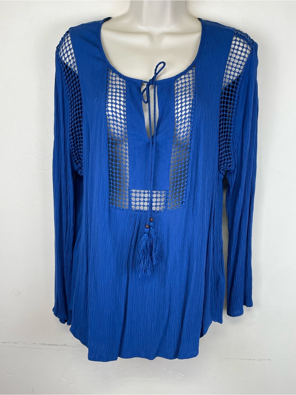 Joseph A Royal Blue Long Sleeve Mesh Accent Peasant Top